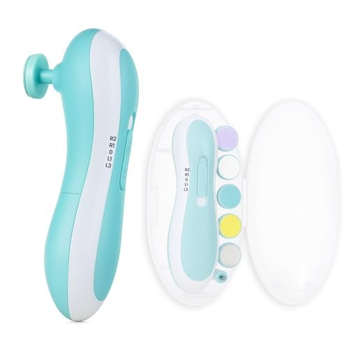 BTfash Baby Nail Trimmer with 6 Grinding Heads, Electric Nail File for Newborns, Infants & Toddlers, Gentle & Safe Nail Care Kit with Adjustable Speed & LED Light, Baby Manicure Set.(NT001_WHT_BLU) - Image 1