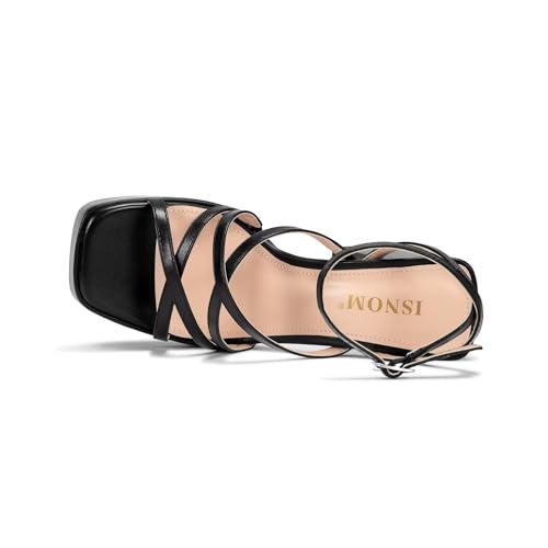 ISNOM Black Chunky Platform Sandals for Women - Ankle Strap Heels & Block Heels with Stripper Style - Image 4