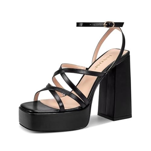 ISNOM Black Chunky Platform Sandals for Women - Ankle Strap Heels & Block Heels with Stripper Style - Image 1