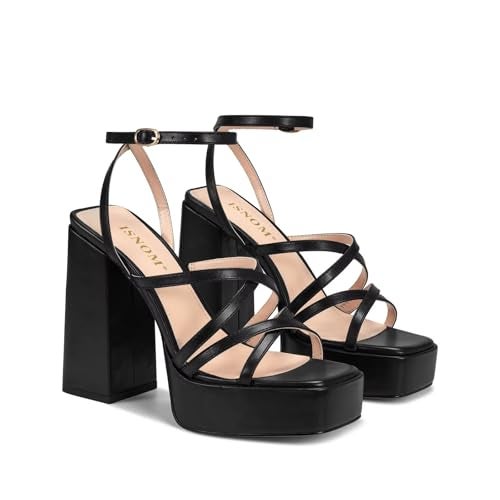 ISNOM Black Chunky Platform Sandals for Women - Ankle Strap Heels & Block Heels with Stripper Style - Image 2