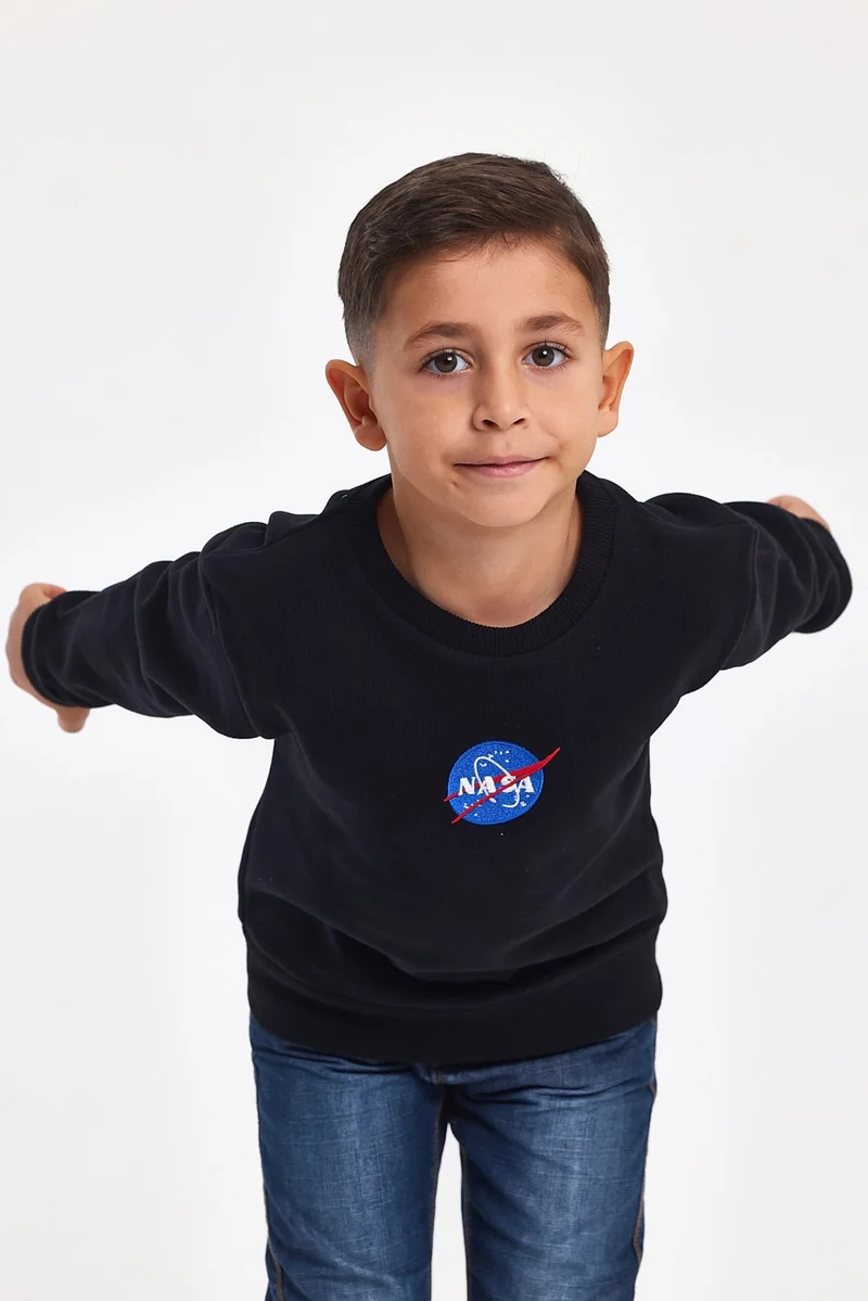 Mrs & Kids Embroidered Black Cotton Winter Crew Neck Children's Men's Sweatshirt