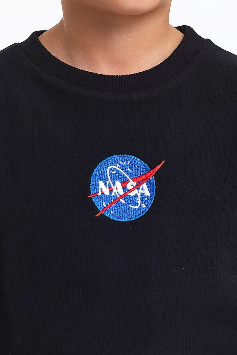 Mrs & Kids Embroidered Black Cotton Winter Crew Neck Children's Men's Sweatshirt