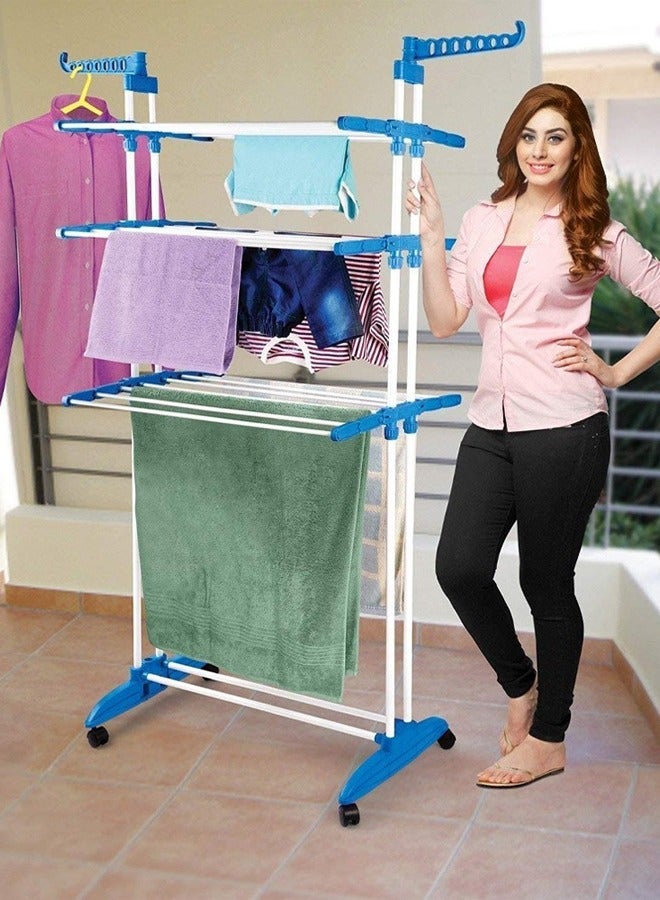 MARGOUN Foldable Clothes Airer Drying Rack with Caster Lockable Wheels Stainless Steel Folding Wings on 3 Drying Levels for Indoor and Outdoor Use / Blue Color - Image 4