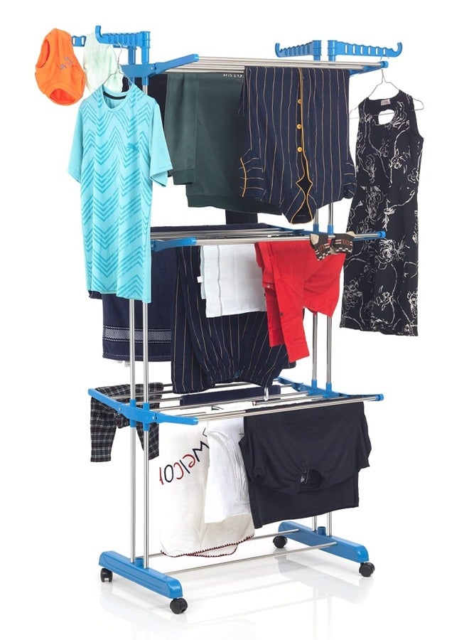 MARGOUN Foldable Clothes Airer Drying Rack with Caster Lockable Wheels Stainless Steel Folding Wings on 3 Drying Levels for Indoor and Outdoor Use / Blue Color - Image 5