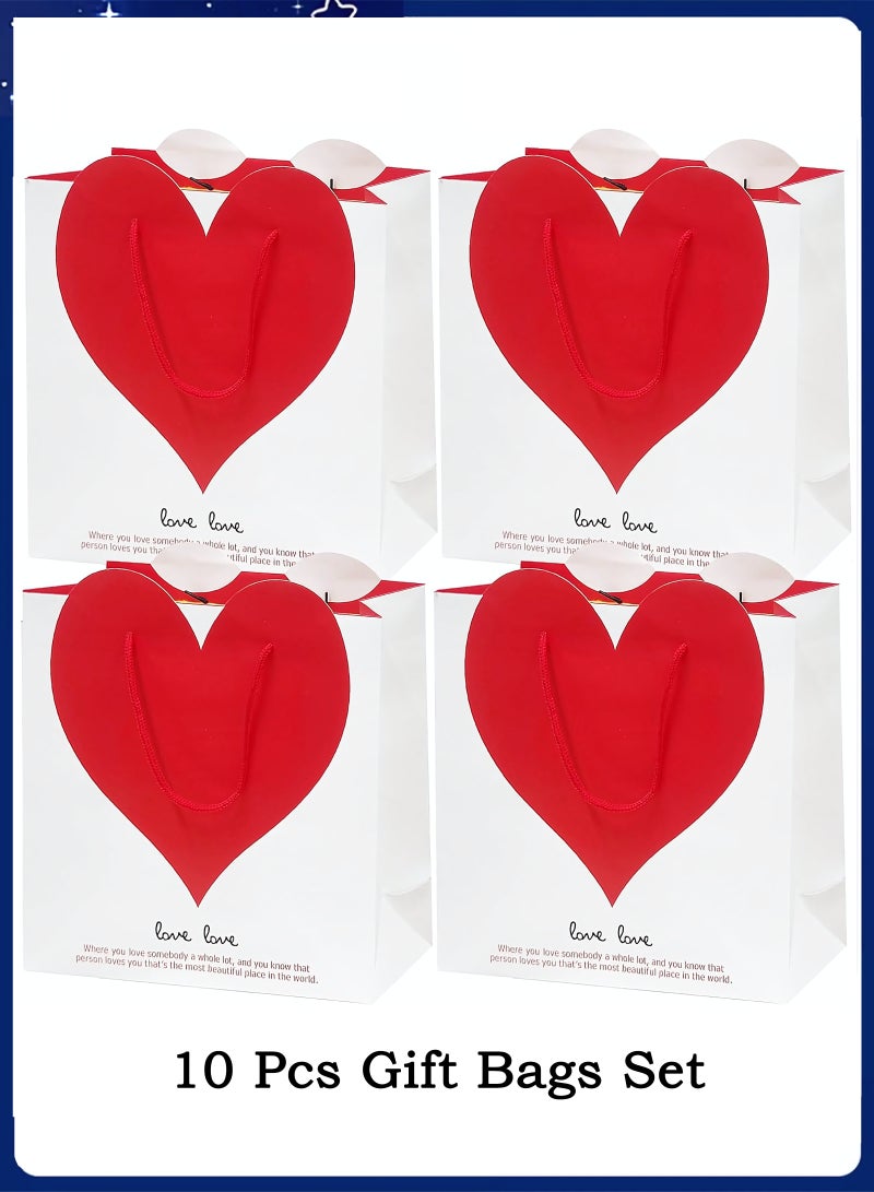 Gift Bags With Handles, 10-Piece White Heart Paper Gift Bags Set, Portable Paper Gift Bags for Birthday, Anniversary, Mother's Day, Wedding Party, 22 x 17 x 10 cm - Image 1