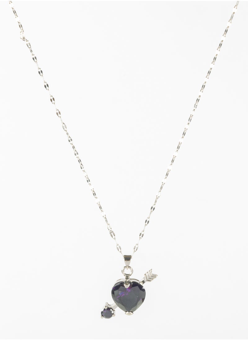 The Black Pearl Accessories - Silver Stainless Steel Necklace with a Purple Zirconic Heart Pendant - Image 1