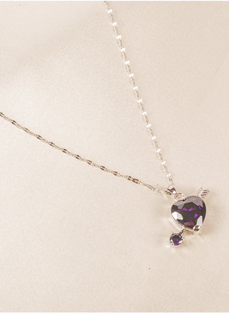 The Black Pearl Accessories - Silver Stainless Steel Necklace with a Purple Zirconic Heart Pendant - Image 1