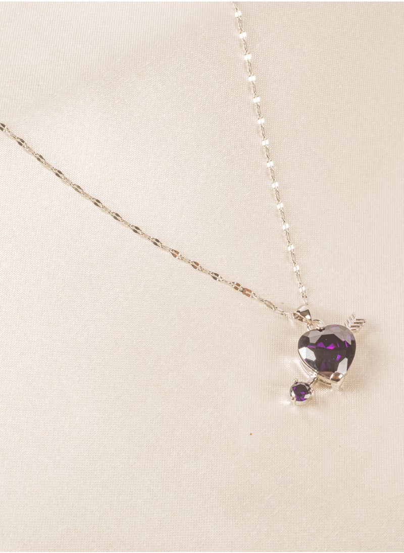 The Black Pearl Accessories - Silver Stainless Steel Necklace with a Purple Zirconic Heart Pendant - Image 1