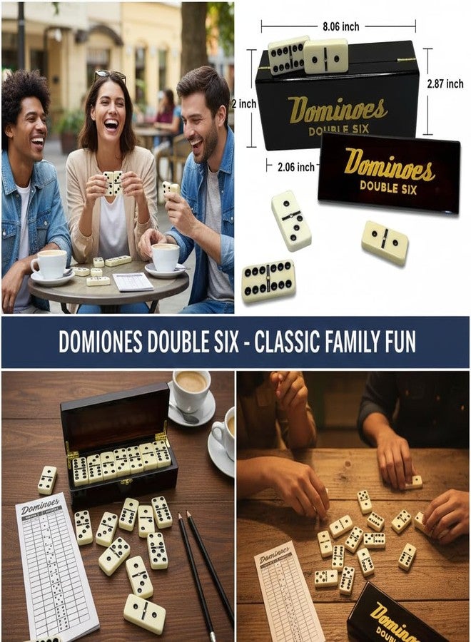 مجموعة هدايا دومينو PRK 14 Double Six - 28 قطعة مع دوارات في صندوق تخزين خشبي فاخر - مجموعة دومينو كلاسيكية للبالغين مع لوحة تسجيل النقاط - إصدار عائلي مميز لهواة الجمع - Image 2