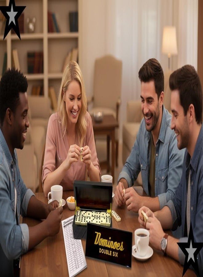 مجموعة هدايا دومينو PRK 14 Double Six - 28 قطعة مع دوارات في صندوق تخزين خشبي فاخر - مجموعة دومينو كلاسيكية للبالغين مع لوحة تسجيل النقاط - إصدار عائلي مميز لهواة الجمع - Image 4