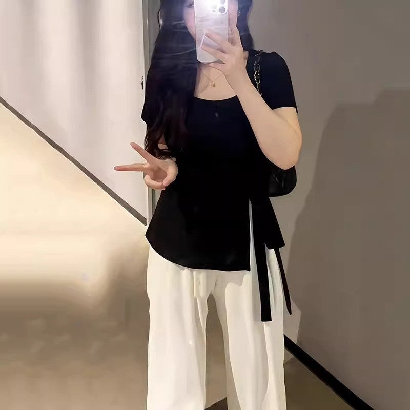 Plus Size Slimming Waist-Covering Niche Slit Short-Sleeve Irregular T-Shirt For Women 120Kg - Image 3