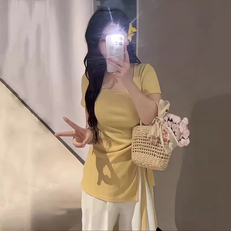 Plus Size Slimming Waist-Covering Niche Slit Short-Sleeve Irregular T-Shirt For Women 120Kg - Image 5