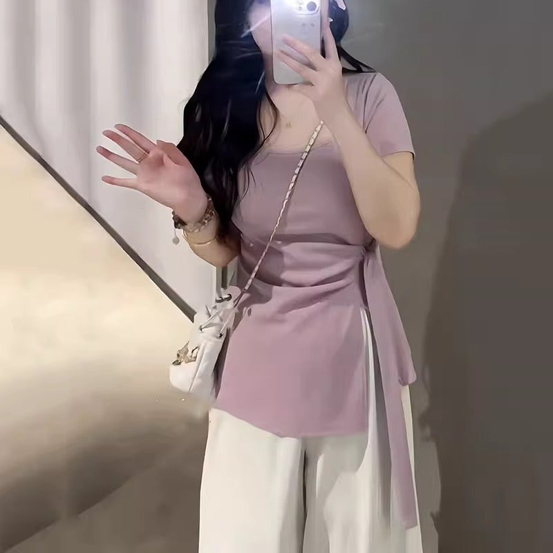 Plus Size Slimming Waist-Covering Niche Slit Short-Sleeve Irregular T-Shirt For Women 120Kg - Image 2
