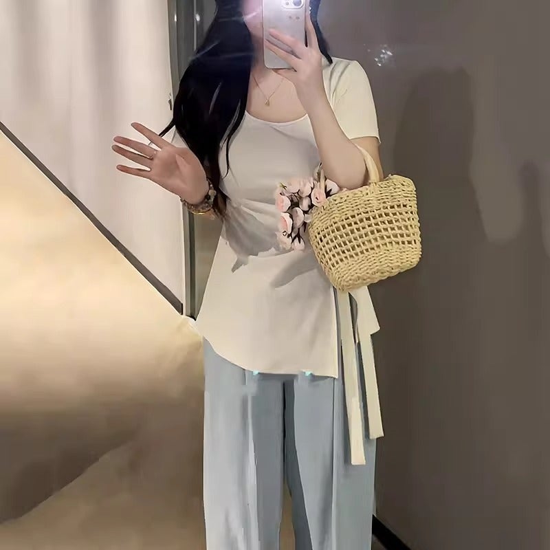 Plus Size Slimming Waist-Covering Niche Slit Short-Sleeve Irregular T-Shirt For Women 120Kg - Image 4