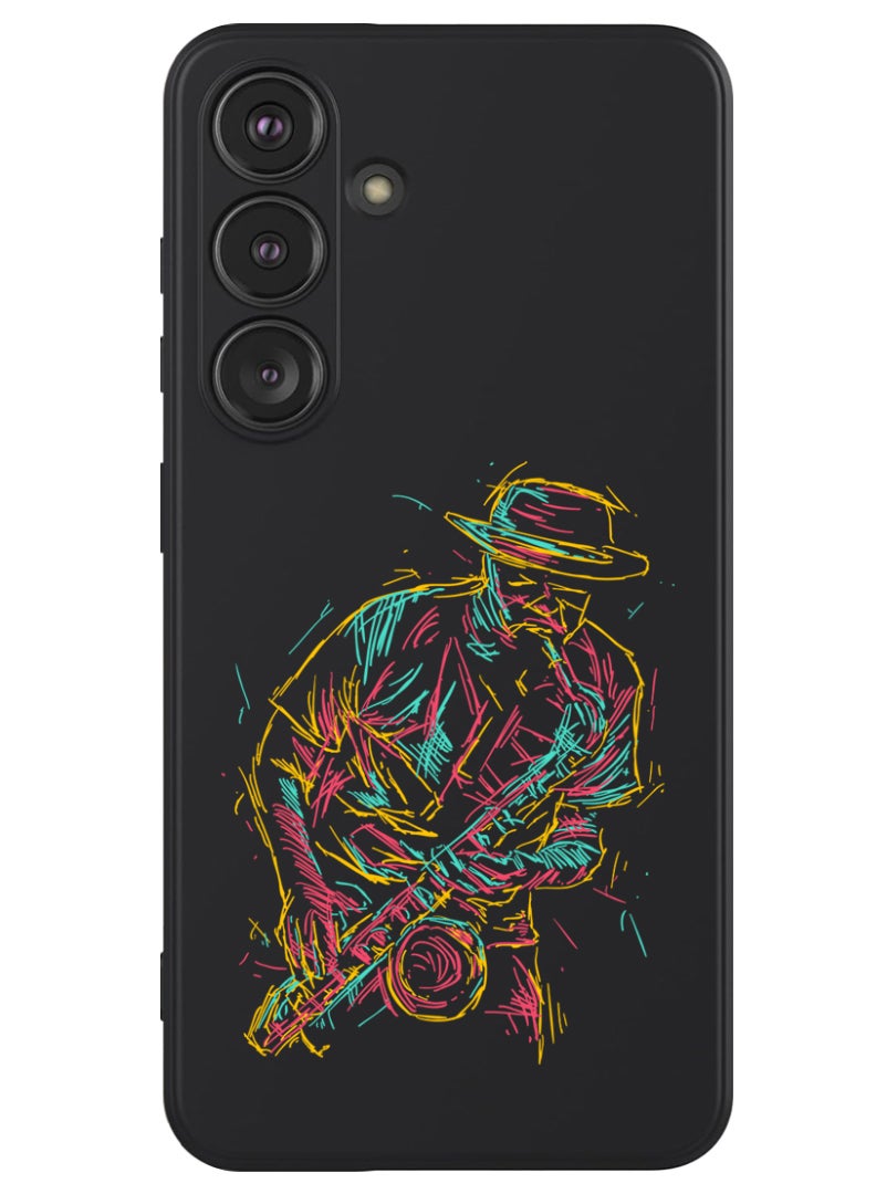 Theodor Protective Slim Fit Case Liquid Silicone Cover with Full Body Protection Anti-Scratch Shockproof Case For Samsung Galaxy S24 (Black) - Abstract saxophone - Image 1