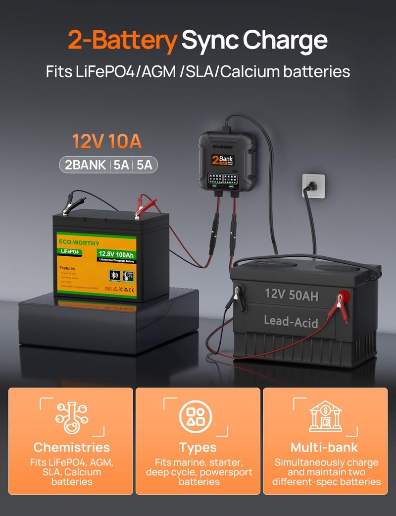 ECO-Worthy 2 Bank Marine Battery Charger 10A (5A/Bank), IP68 Waterproof 12V Charger & Maintainer for Boat RV Car, Lead-Acid LiFePO4 & Calcium Battery Desulfator - Image 2