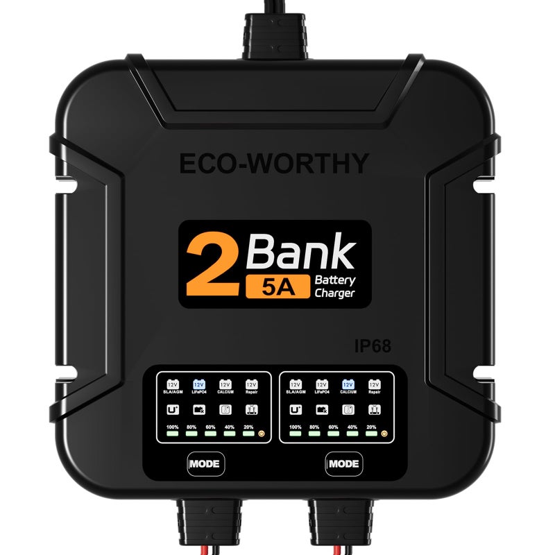 ECO-Worthy 2 Bank Marine Battery Charger 10A (5A/Bank), IP68 Waterproof 12V Charger & Maintainer for Boat RV Car, Lead-Acid LiFePO4 & Calcium Battery Desulfator - Image 1