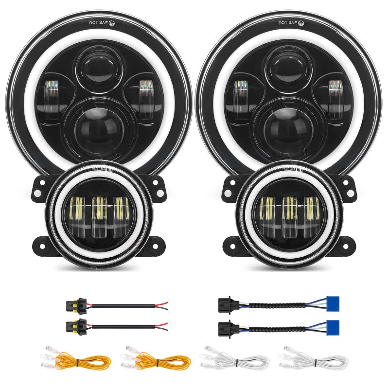 SUPAREE DOT Round LED Headlights and Fog Lights Combo fit for 1997-2018 Jeep Wrangler JK LJ TJ CJ Sahara Sport Rubicon Turn Signal DRL, Hi/Lo Beam, Halo Ring 7inch Front Head and 4inch Fog Lights - Image 1