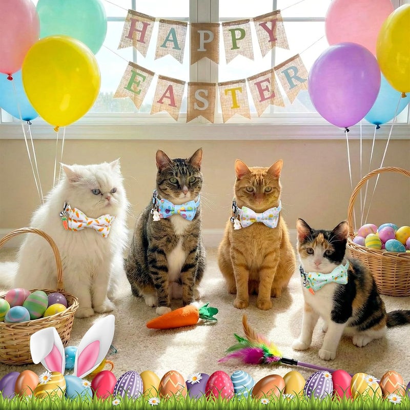 Hsei 6 Pcs Easter Cat Collar Bulk with Bow Tie Bell Spring Easter Eggs Carrots Bunny Rabbit Kitten Adjustable Breakaway Bowtie Collar for Boy Girl Cats Small Dog Pet Holiday Party Favors Gifts - Image 5