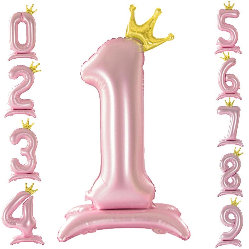 Eoopoon 42 Inch Crown Pink Number Balloon, Number 1 Balloon with Base for Girls 1th Birthday Party Decoration, Anniversary Decor Theme Party Supplies (Pink 1) - Image 1