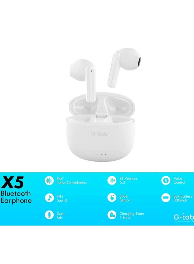 G-Tab G tab Wireless Earbuds X5 Bluetooth V5.3 Wireless Headset Earphones with Dual Mic Noice Cancelation White/Black - Image 3