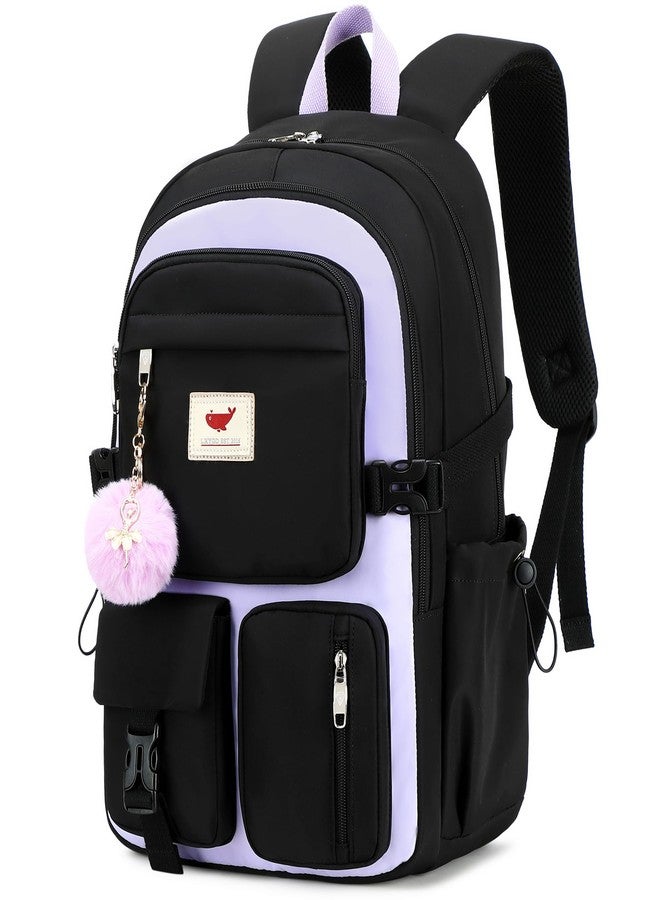 LXYGD Laptop Backpack 15.6 Inch Kids School Bag College Backpacks Travel Back Pack Large Bookbags for Teens Girls Women, Black Purple, 12.2 x 5.9 x 17.8 inches - Image 1
