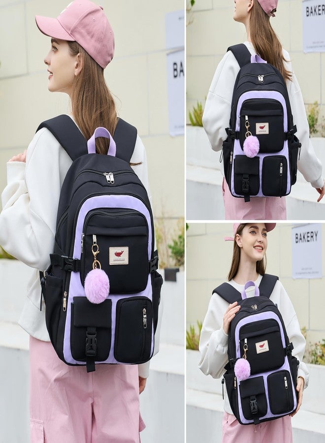 LXYGD Laptop Backpack 15.6 Inch Kids School Bag College Backpacks Travel Back Pack Large Bookbags for Teens Girls Women, Black Purple, 12.2 x 5.9 x 17.8 inches - Image 2