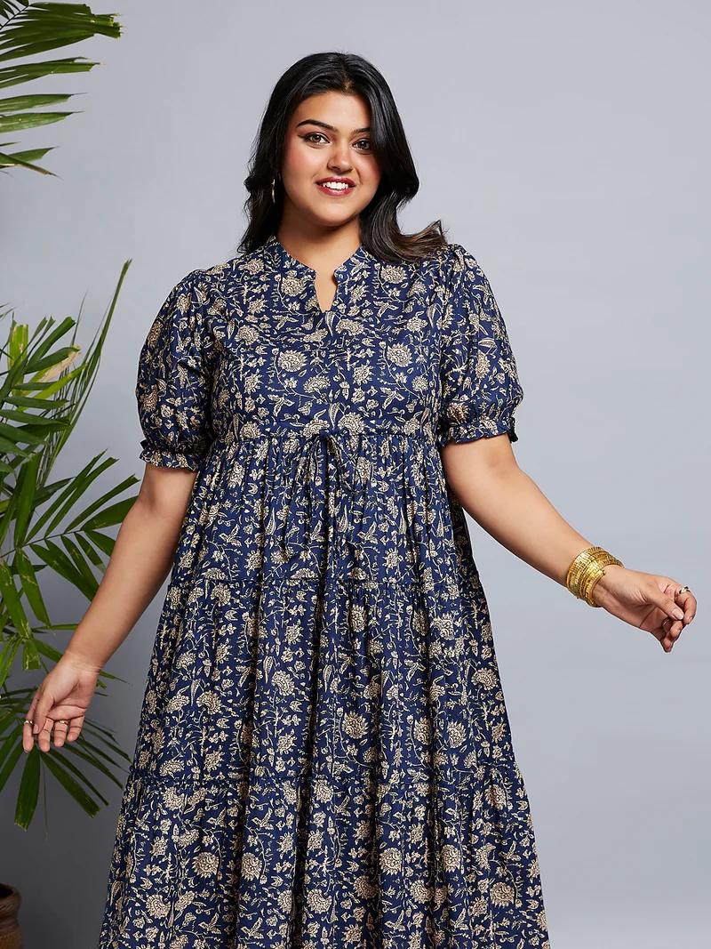 globus Gloplus Women Mandarin Collar Puff Sleeves Floral Print A-Line Midi Plus Size Dress