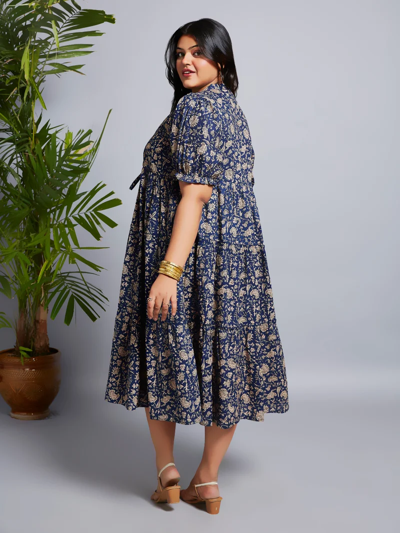 globus Gloplus Women Mandarin Collar Puff Sleeves Floral Print A-Line Midi Plus Size Dress