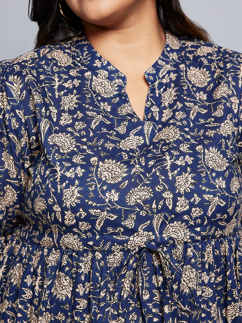 globus Gloplus Women Mandarin Collar Puff Sleeves Floral Print A-Line Midi Plus Size Dress