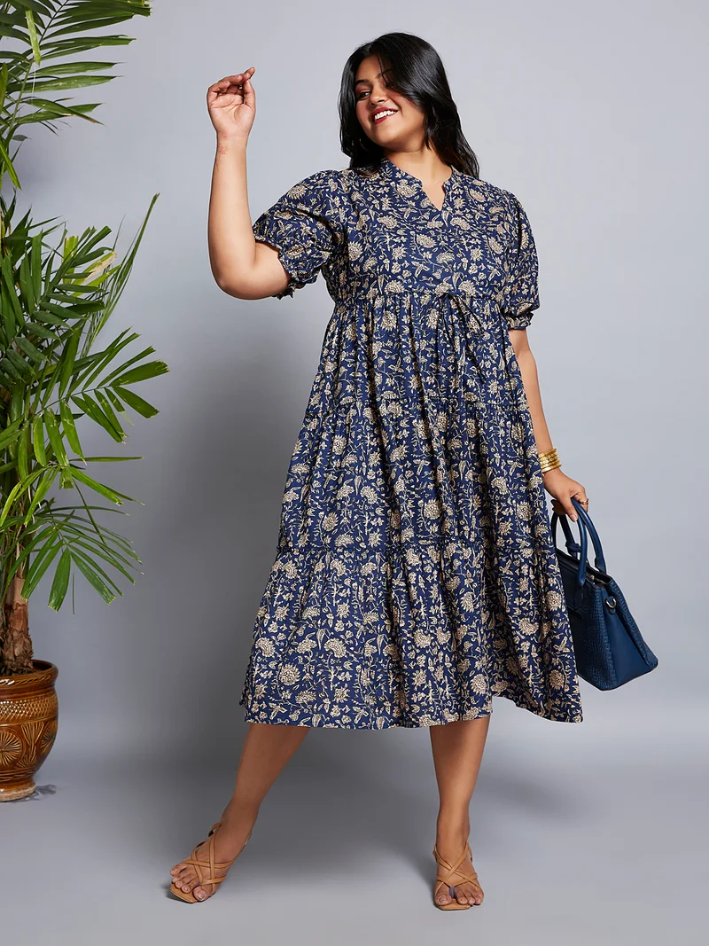 globus Gloplus Women Mandarin Collar Puff Sleeves Floral Print A-Line Midi Plus Size Dress