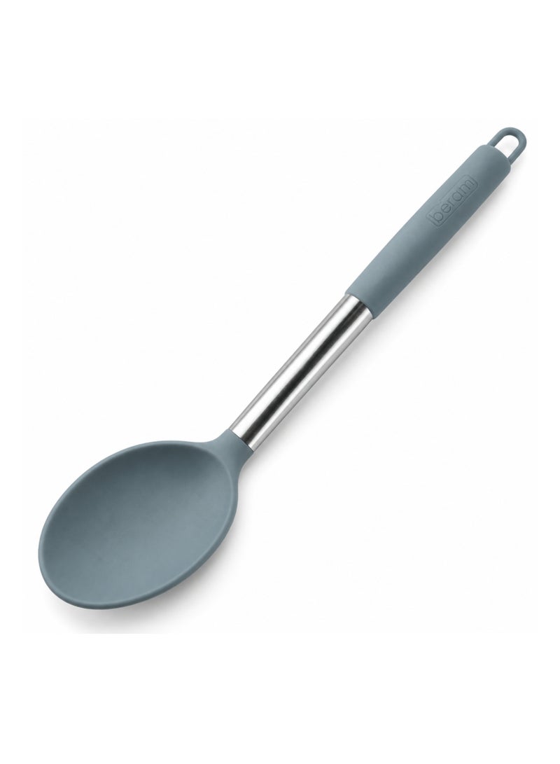 BERAM Silicone Cooking Spoon with Stainless Steel Handle, Heat Resistant Kitchen Serving Spoon, Non-Stick Cookware Friendly, Ergonomic Grip with Hanging Loop for Stirring, Mixing & Serving, Grey - Image 1