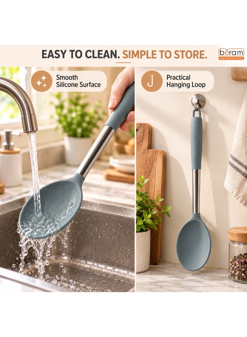 BERAM Silicone Cooking Spoon with Stainless Steel Handle, Heat Resistant Kitchen Serving Spoon, Non-Stick Cookware Friendly, Ergonomic Grip with Hanging Loop for Stirring, Mixing & Serving, Grey - Image 3