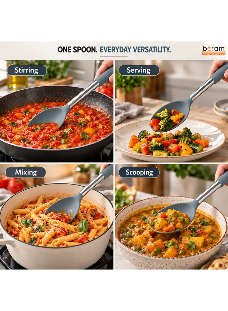 BERAM Silicone Cooking Spoon with Stainless Steel Handle, Heat Resistant Kitchen Serving Spoon, Non-Stick Cookware Friendly, Ergonomic Grip with Hanging Loop for Stirring, Mixing & Serving, Grey - Image 5