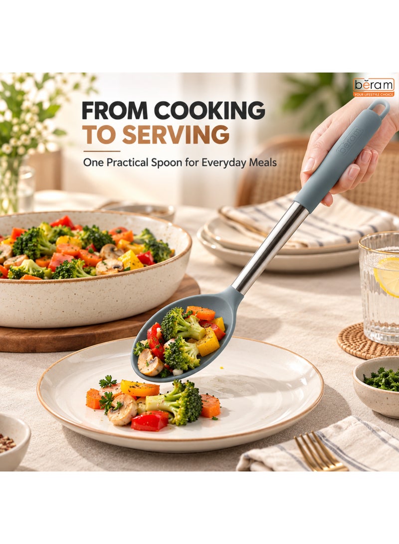 BERAM Silicone Cooking Spoon with Stainless Steel Handle, Heat Resistant Kitchen Serving Spoon, Non-Stick Cookware Friendly, Ergonomic Grip with Hanging Loop for Stirring, Mixing & Serving, Grey - Image 2