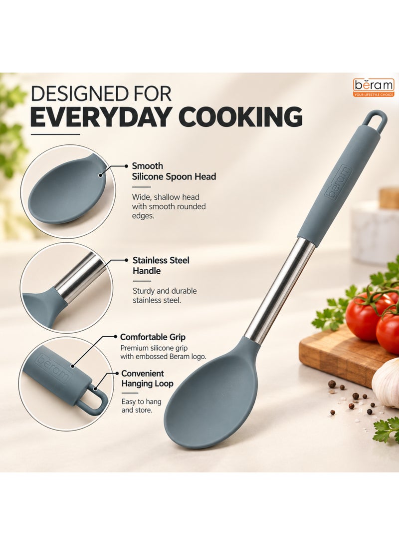 BERAM Silicone Cooking Spoon with Stainless Steel Handle, Heat Resistant Kitchen Serving Spoon, Non-Stick Cookware Friendly, Ergonomic Grip with Hanging Loop for Stirring, Mixing & Serving, Grey - Image 4