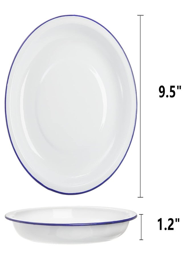 Dicunoy Set of 5 Enamel Plates, 9.5" Unbreakable Enamelware Dinner Serving Platter Trays, Retro White Round Shallow Bowls with Blue Rim for Pasta, Salad, Camping, Outdoor, Picnic, BBQ - Image 2