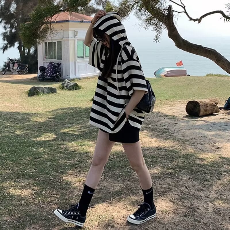 Japanese Style Contrast Stripesd T-Shirt Short-Sleeved Trendyy Label Top Summer Loose And Versatile Couple Half-Sleeved T-Shirt - Image 4