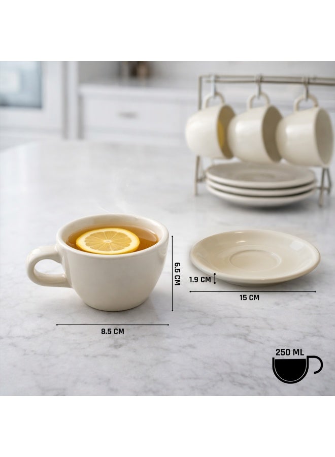 أكمي طقم أكواب وصحون سيراميك ACME الأبيض الكلاسيكي بسعة 250 مل (4 أكواب و4 صحون)، بلمسة نهائية لامعة، مناسب للإسبريسو والكابتشينو والشاي، آمن للاستخدام في الميكروويف وغسالة الصحون، أدوات شرب متينة للاستخدام المنزلي والمكتبي والمقاهي - Image 2