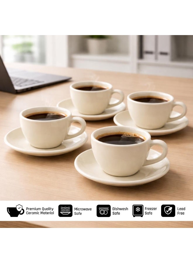 أكمي طقم أكواب وصحون سيراميك ACME الأبيض الكلاسيكي بسعة 250 مل (4 أكواب و4 صحون)، بلمسة نهائية لامعة، مناسب للإسبريسو والكابتشينو والشاي، آمن للاستخدام في الميكروويف وغسالة الصحون، أدوات شرب متينة للاستخدام المنزلي والمكتبي والمقاهي - Image 3