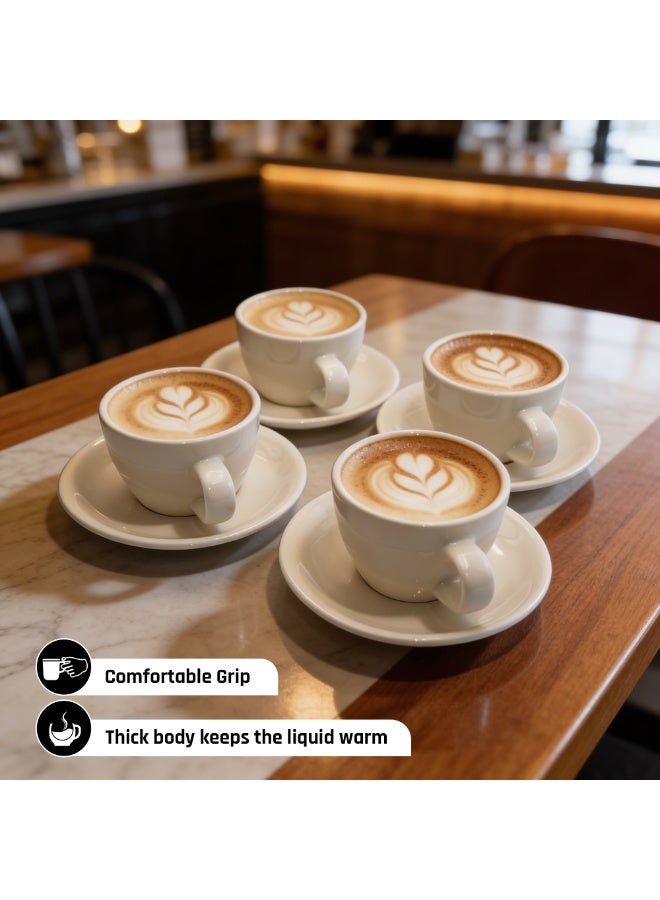أكمي طقم أكواب وصحون سيراميك ACME الأبيض الكلاسيكي بسعة 250 مل (4 أكواب و4 صحون)، بلمسة نهائية لامعة، مناسب للإسبريسو والكابتشينو والشاي، آمن للاستخدام في الميكروويف وغسالة الصحون، أدوات شرب متينة للاستخدام المنزلي والمكتبي والمقاهي - Image 4