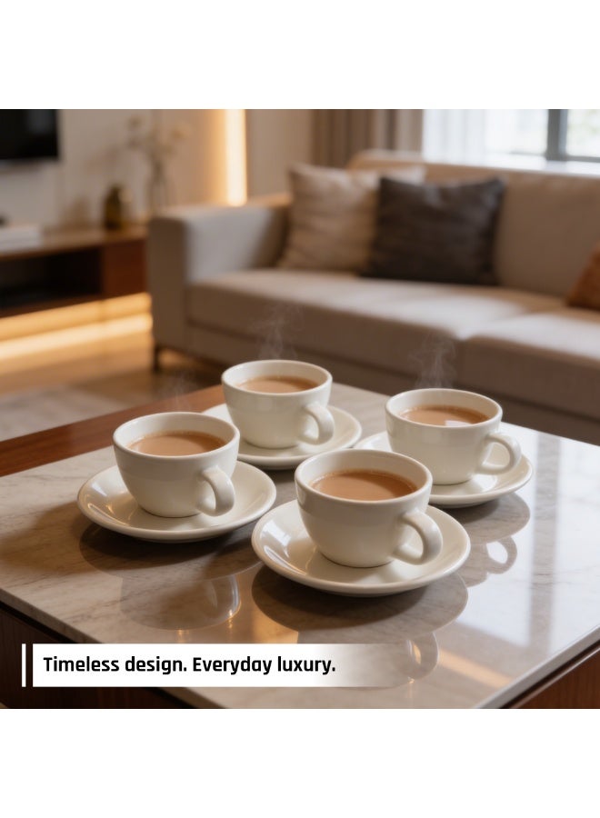 أكمي طقم أكواب وصحون سيراميك ACME الأبيض الكلاسيكي بسعة 250 مل (4 أكواب و4 صحون)، بلمسة نهائية لامعة، مناسب للإسبريسو والكابتشينو والشاي، آمن للاستخدام في الميكروويف وغسالة الصحون، أدوات شرب متينة للاستخدام المنزلي والمكتبي والمقاهي - Image 5