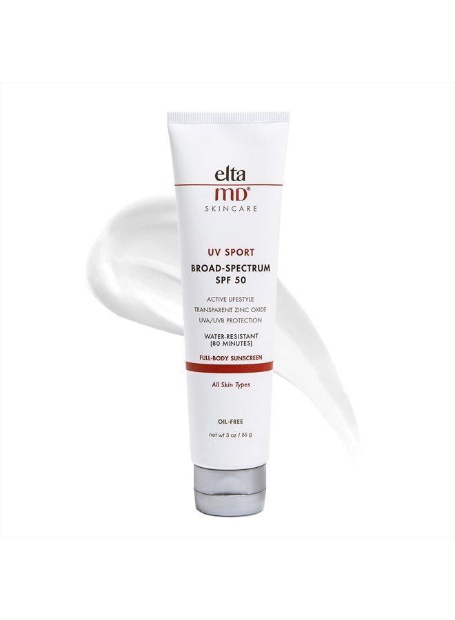 EltaMD UV Sport Body Sunscreen, SPF 50 Sport Sunscreen Lotion, Sweat Resistant and Water Resistant up to 80 Minutes, Formulated with Zinc Oxide, Oil Free, Full Body Sunscreen, 3 oz Tube - Image 1
