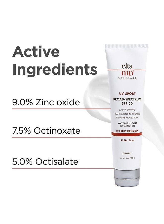 EltaMD UV Sport Body Sunscreen, SPF 50 Sport Sunscreen Lotion, Sweat Resistant and Water Resistant up to 80 Minutes, Formulated with Zinc Oxide, Oil Free, Full Body Sunscreen, 3 oz Tube - Image 5