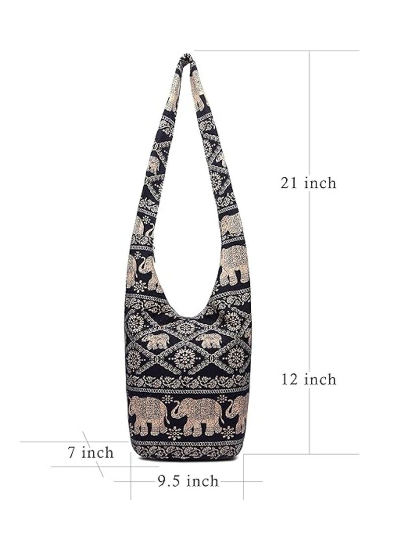 Khaki Elephant - Patterned Hobo Bag with Linen - Cotton Outer Fabric and Denim Inner Fabric