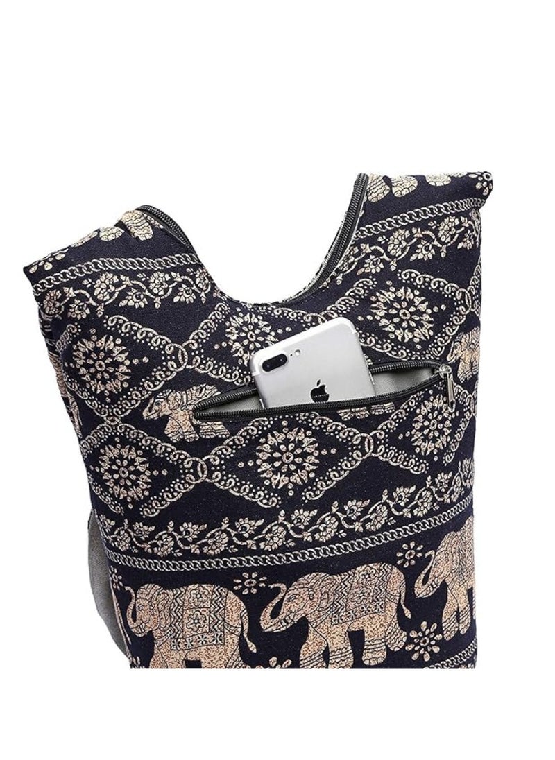 Khaki Elephant - Patterned Hobo Bag with Linen - Cotton Outer Fabric and Denim Inner Fabric
