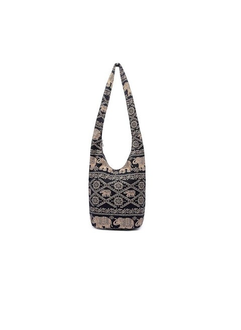 Khaki Elephant - Patterned Hobo Bag with Linen - Cotton Outer Fabric and Denim Inner Fabric