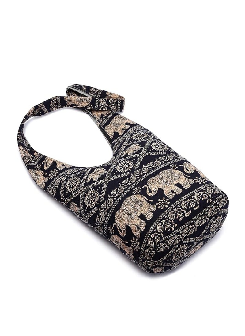 Khaki Elephant - Patterned Hobo Bag with Linen - Cotton Outer Fabric and Denim Inner Fabric