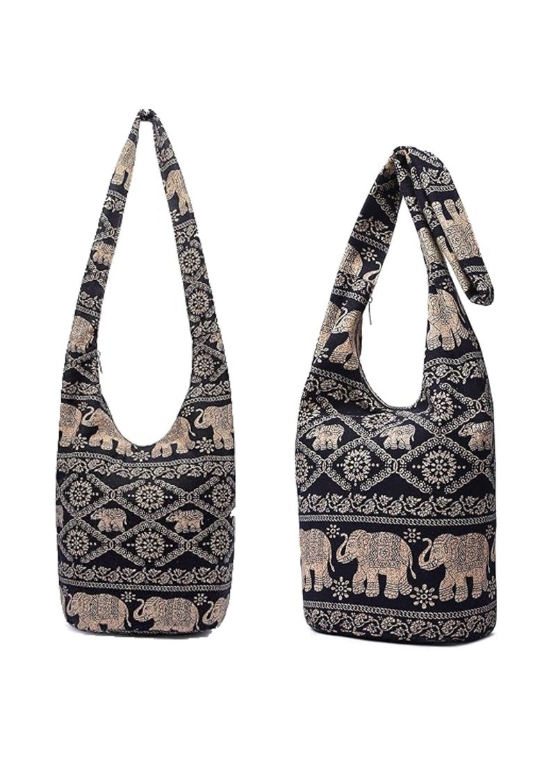 Khaki Elephant - Patterned Hobo Bag with Linen - Cotton Outer Fabric and Denim Inner Fabric