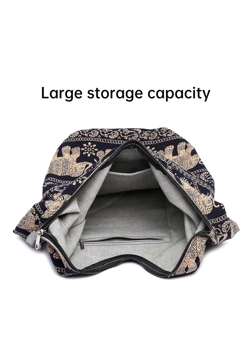 Khaki Elephant - Patterned Hobo Bag with Linen - Cotton Outer Fabric and Denim Inner Fabric